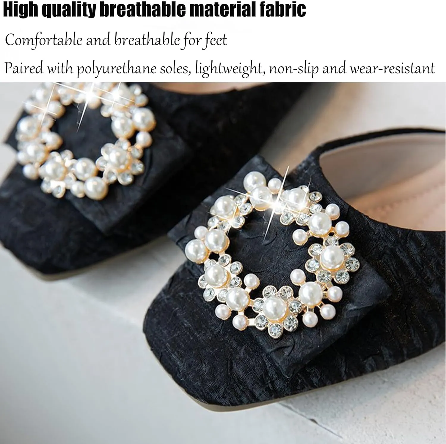 Women's Pearl Flat Mules Shiny Rhinestone Closed Square Toe Flats Backless Slippers