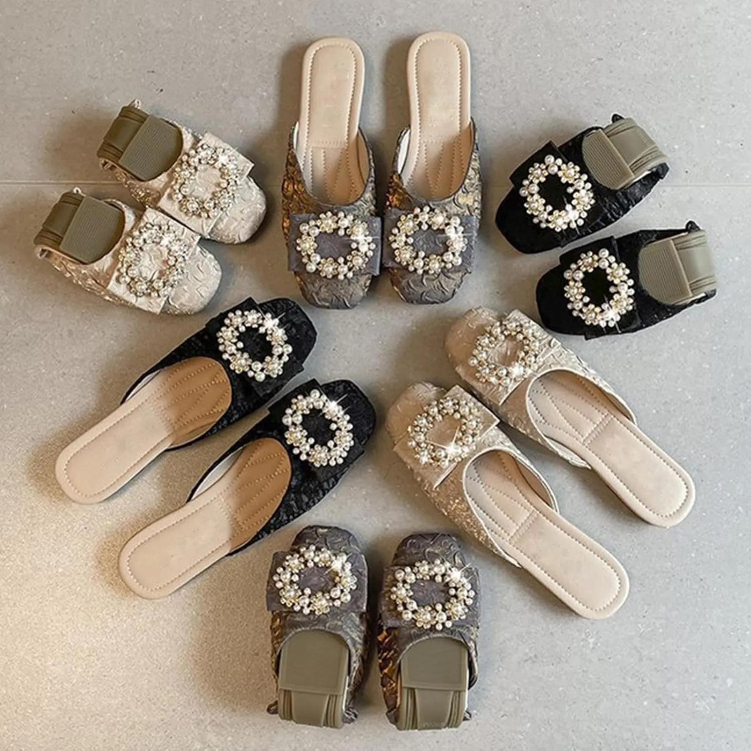 Women's Pearl Flat Mules Shiny Rhinestone Closed Square Toe Flats Backless Slippers