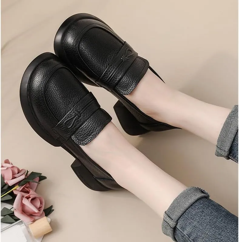 Women's Penny Loafers Low Chunky Heel Leather Dress Shoes for Work