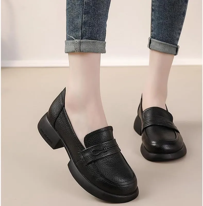 Women's Penny Loafers Low Chunky Heel Leather Dress Shoes for Work