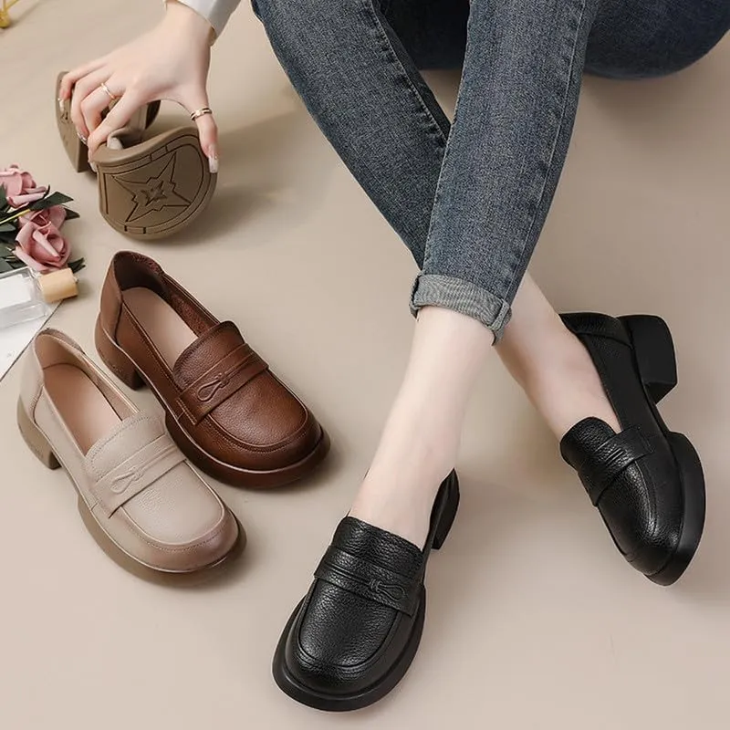 Women's Penny Loafers Low Chunky Heel Leather Dress Shoes for Work