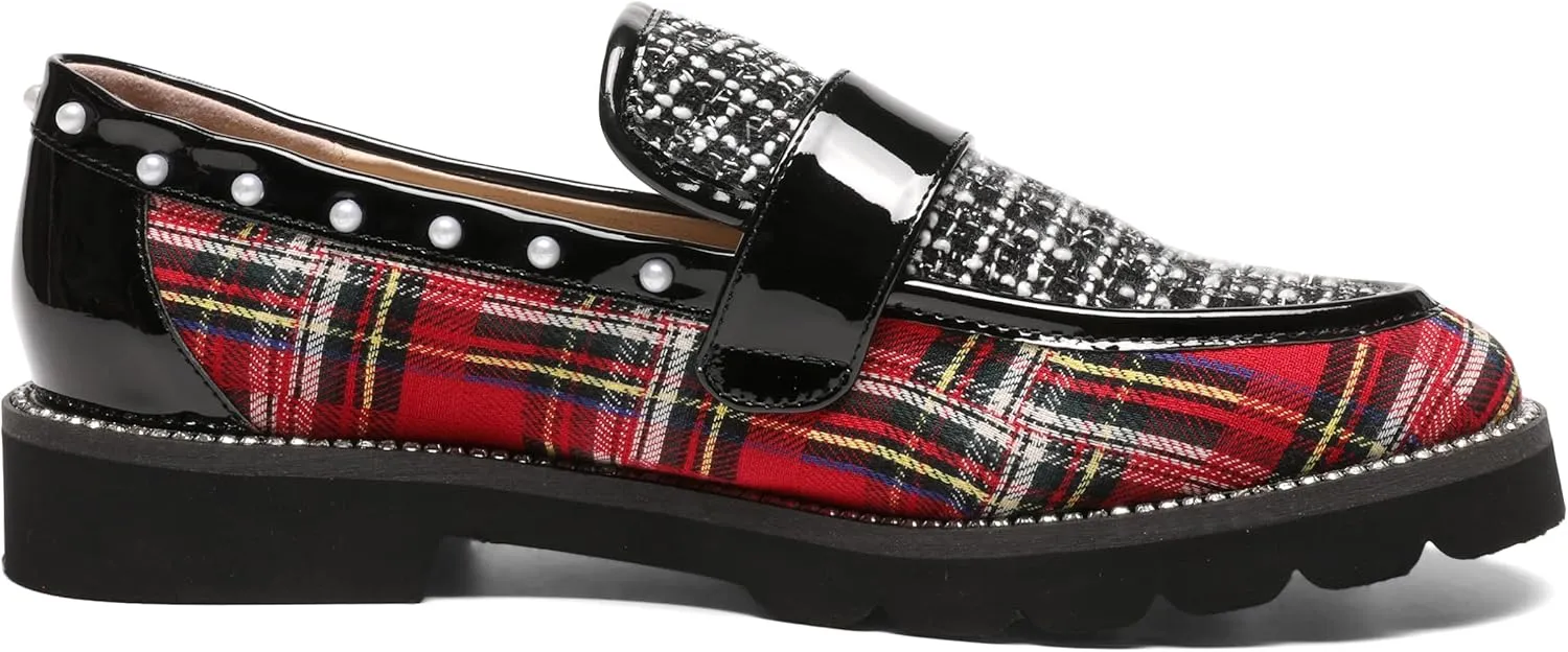 Women's Plaid Lug Sole Penny Loafers,Ladies Sparkly Rhinestones Pearl Trendy Low Heel Slip on Dressy Holiday Shoe Round Toe Comfort Party Evening Glitter Memory Foam Shoe
