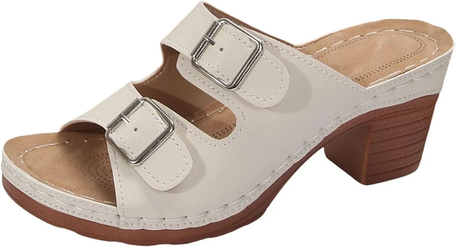 Women's Platform Chunky Heels Sandals Slip on Open Toe Square Toe Comfortable Heeled Sandals Mules for Women Dress Bridal Party Wedding Shoes Slides Thong Sandals