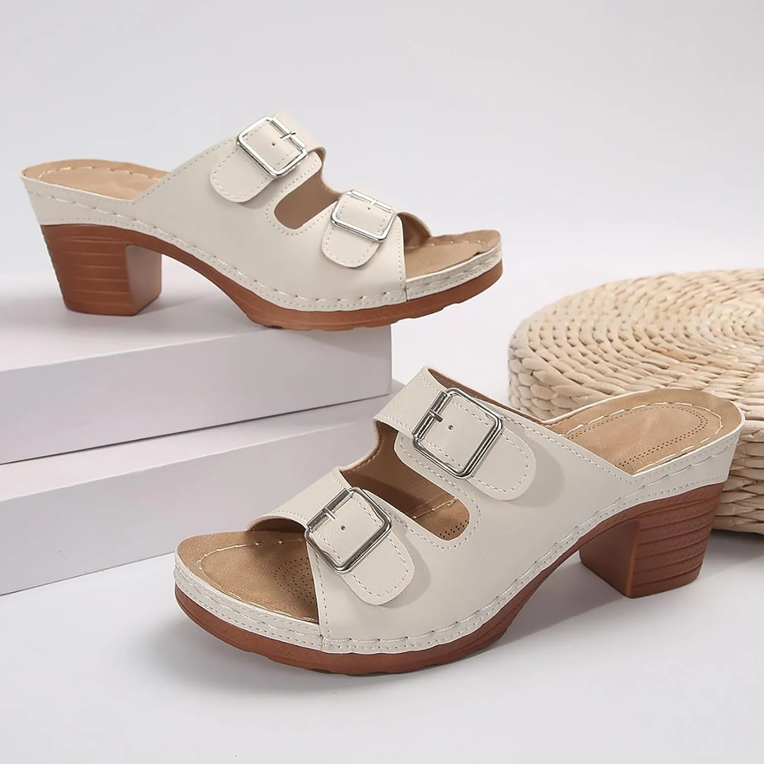 Women's Platform Chunky Heels Sandals Slip on Open Toe Square Toe Comfortable Heeled Sandals Mules for Women Dress Bridal Party Wedding Shoes Slides Thong Sandals