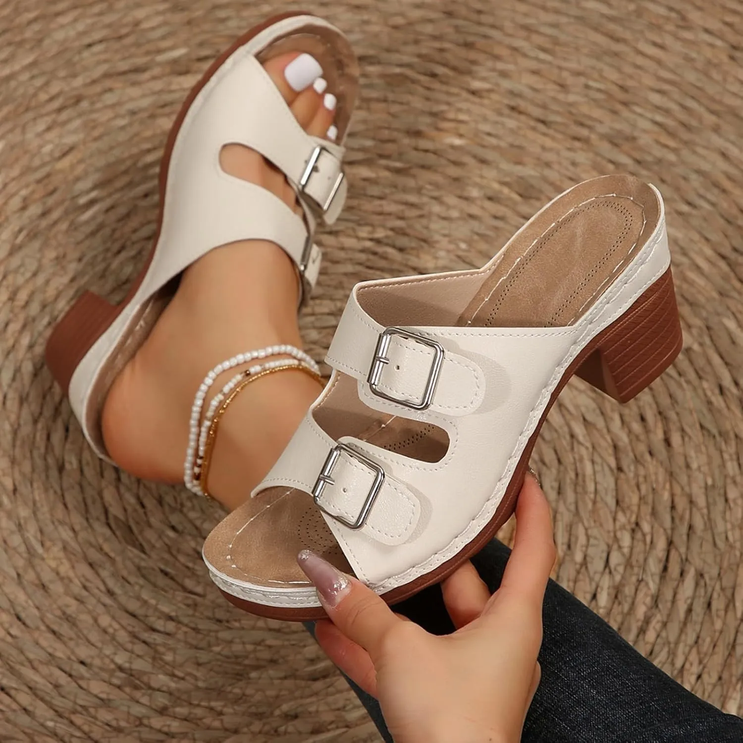 Women's Platform Chunky Heels Sandals Slip on Open Toe Square Toe Comfortable Heeled Sandals Mules for Women Dress Bridal Party Wedding Shoes Slides Thong Sandals