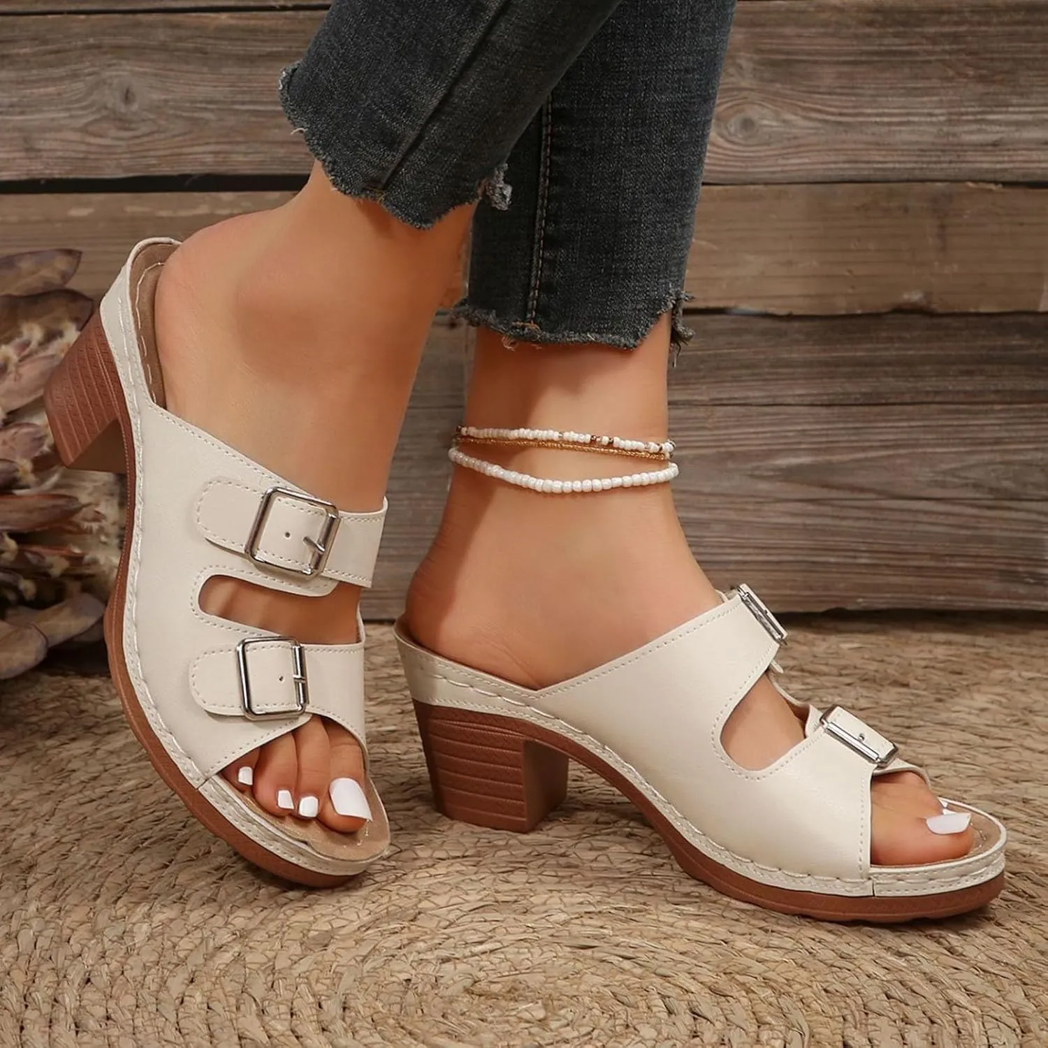 Women's Platform Chunky Heels Sandals Slip on Open Toe Square Toe Comfortable Heeled Sandals Mules for Women Dress Bridal Party Wedding Shoes Slides Thong Sandals