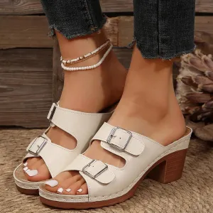 Women's Platform Chunky Heels Sandals Slip on Open Toe Square Toe Comfortable Heeled Sandals Mules for Women Dress Bridal Party Wedding Shoes Slides Thong Sandals