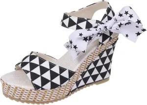 Womens Platform Espadrille Wedges Open Toe High Heel Floral Printed Slingback with Ankle Strap Bowknot Sandals Bow Dress Shoes Tie Lace Up Summer Sandal Wedding Dressy Beach Going Out Trendy Sandal