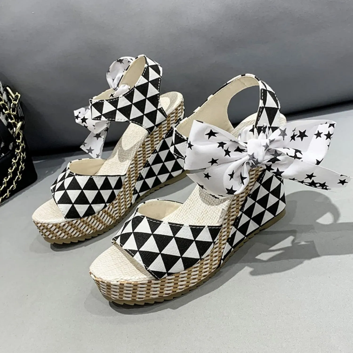 Womens Platform Espadrille Wedges Open Toe High Heel Floral Printed Slingback with Ankle Strap Bowknot Sandals Bow Dress Shoes Tie Lace Up Summer Sandal Wedding Dressy Beach Going Out Trendy Sandal