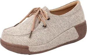 Women's Platform Lace-Up Slip On Loafers Comfort Vintage Chunky Moccasins Wide Low Top Wedge Shoes for All Season