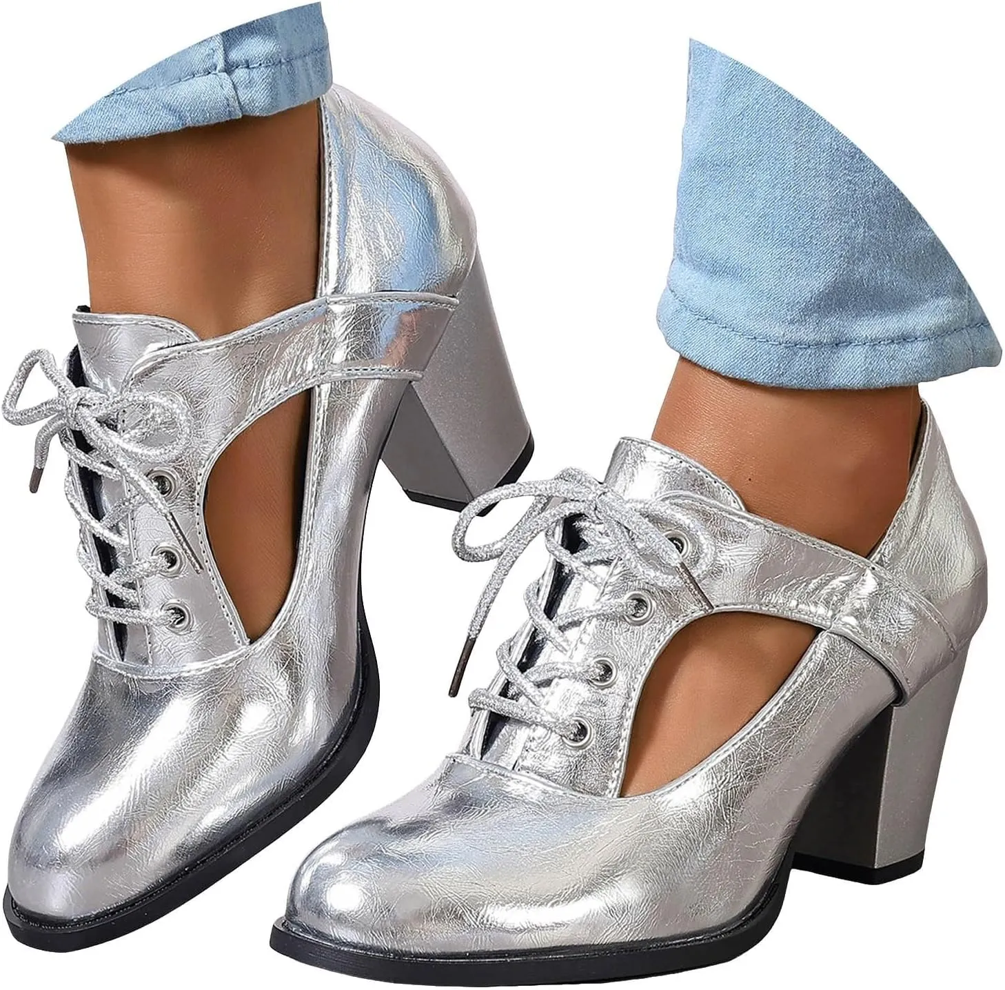 Women's Platform Sandals Heels 2025 Spring Summer Casual Solid Color Closed Toe Lace Up Short Boots Side Hollow Out Comfortable Ankle Strap Block Heeld Sandals Party Bridal Wedding Shoes