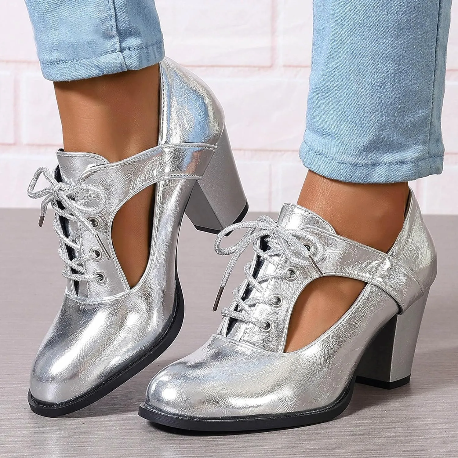 Women's Platform Sandals Heels 2025 Spring Summer Casual Solid Color Closed Toe Lace Up Short Boots Side Hollow Out Comfortable Ankle Strap Block Heeld Sandals Party Bridal Wedding Shoes