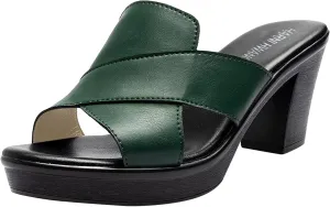 Women's Platform Sandals Open Toe Slip On High Chunky Heels Sandals Slingback Fish Mouth Mules Leather Cross Strap Dress Shoes