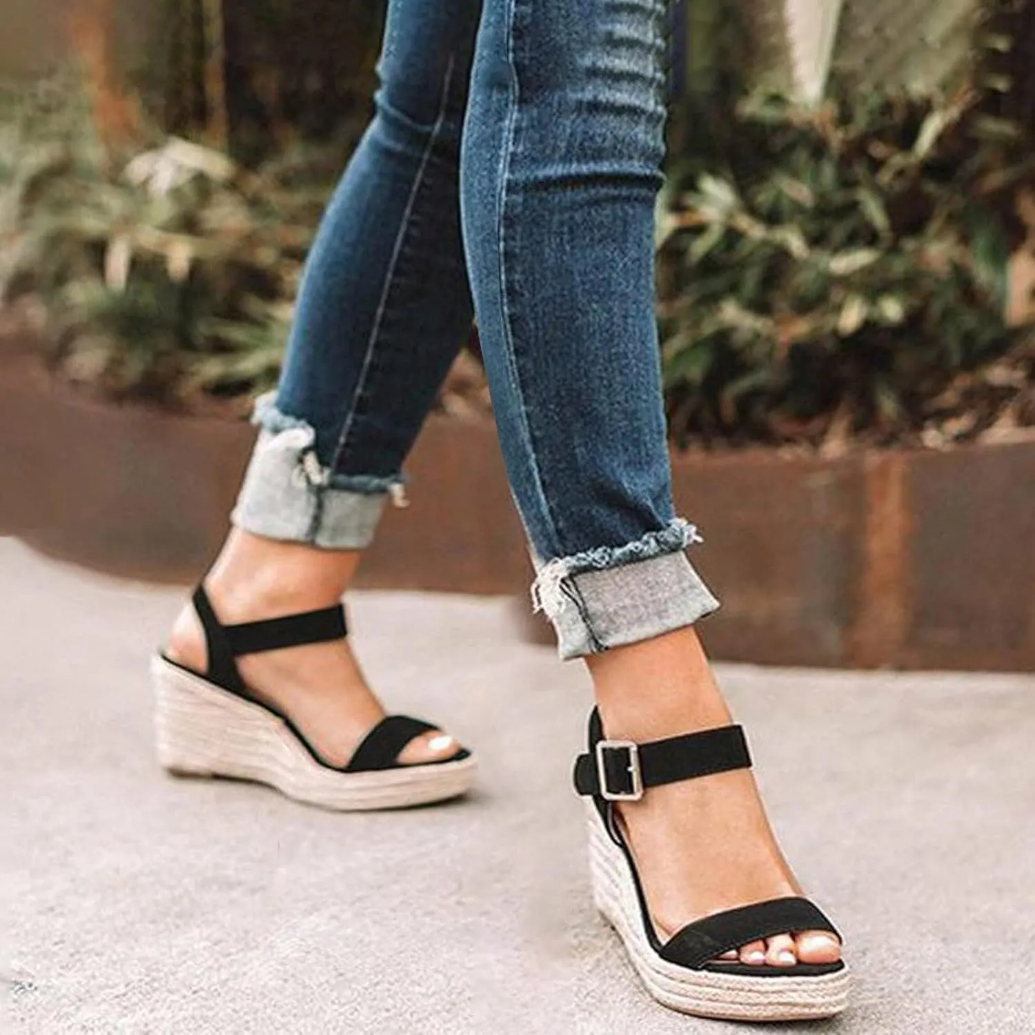 Women's Platform Sandals Wedge Ankle Strap Open Toe Single Bands Espadrille Jute Flat with Buckle Heels High Heeled Dress Girls Little Big Kid Summer Casual Fashion Cross Black Wedges Shoes