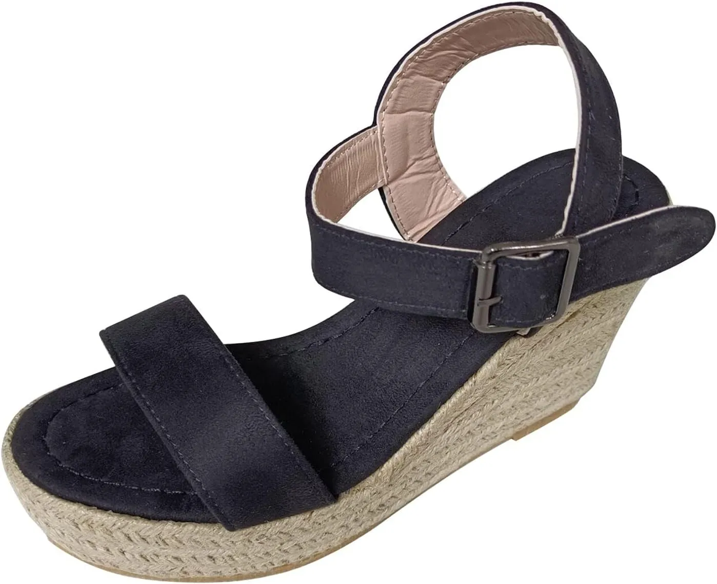 Women's Platform Sandals Wedge Ankle Strap Open Toe Single Bands Espadrille Jute Flat with Buckle Heels High Heeled Dress Girls Little Big Kid Summer Casual Fashion Cross Black Wedges Shoes