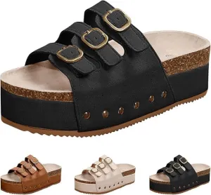 Women's Platform Sandals,Double Buckle Adjustable Open Toe Sandals Cork Footbed Heeled Slides Comfort Suede Clogs Summer Flatform Slippers ﻿