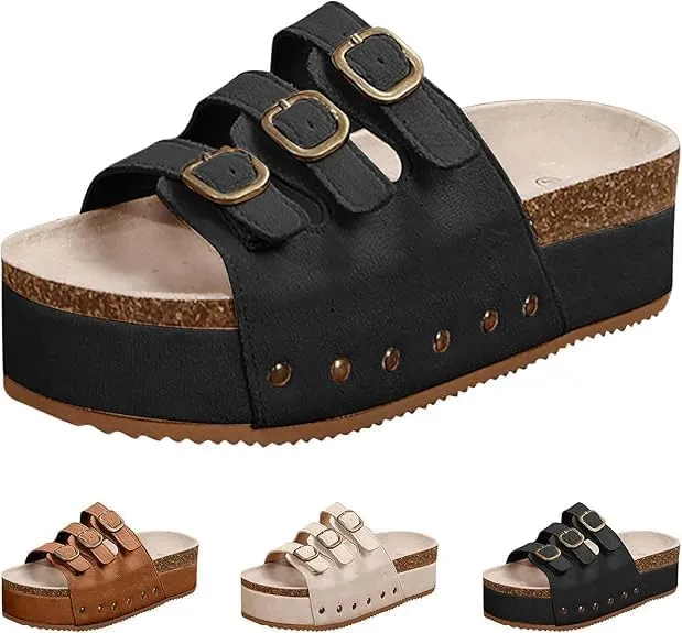 Women's Platform Sandals,Double Buckle Adjustable Open Toe Sandals Cork Footbed Heeled Slides Comfort Suede Clogs Summer Flatform Slippers ﻿