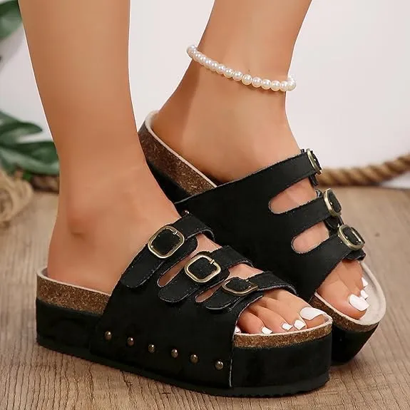 Women's Platform Sandals,Double Buckle Adjustable Open Toe Sandals Cork Footbed Heeled Slides Comfort Suede Clogs Summer Flatform Slippers ﻿