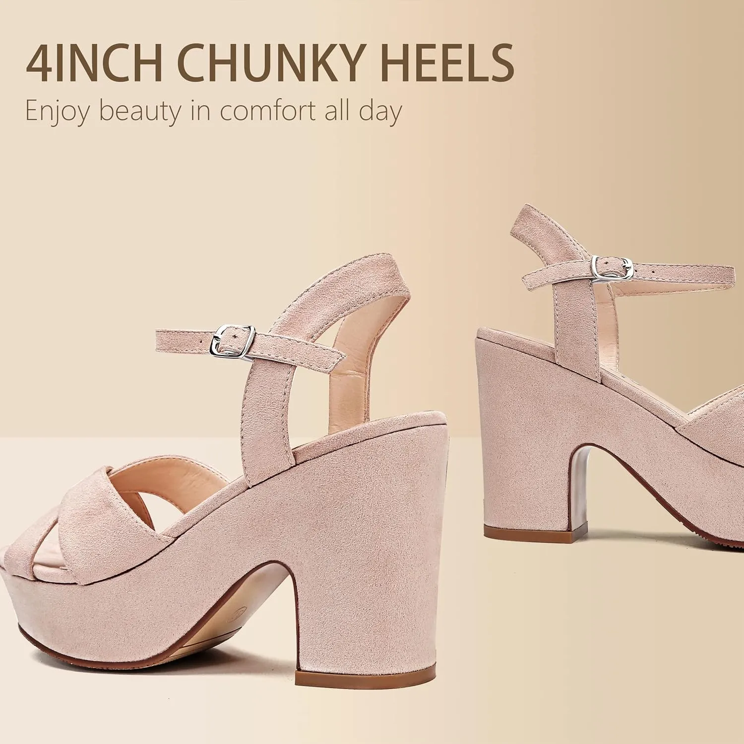 Women's Platform Wedges Heels Sandals Suede Block Chunky High Heel Ankle Strap Open Toe Comfortable Wedding Party Dress Pump Sandal