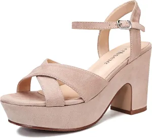 Women's Platform Wedges Heels Sandals Suede Block Chunky High Heel Ankle Strap Open Toe Comfortable Wedding Party Dress Pump Sandal