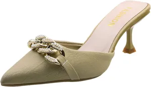 Women's Pointed Toe Kitten Heels Mule Sandals,Slip On Metal Decoration Mules Slides Backless Dress Sandals Sexy Party Pumps