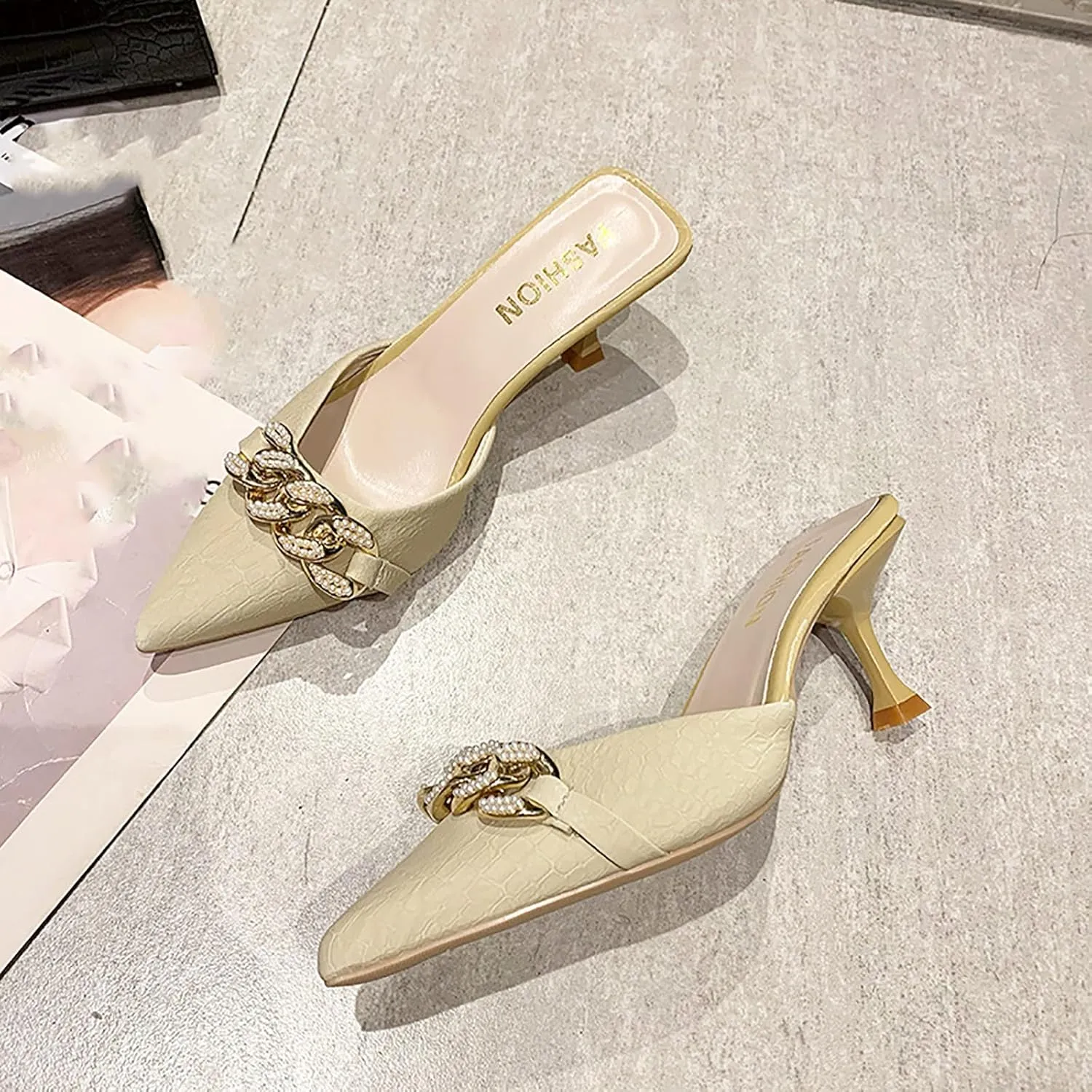 Women's Pointed Toe Kitten Heels Mule Sandals,Slip On Metal Decoration Mules Slides Backless Dress Sandals Sexy Party Pumps