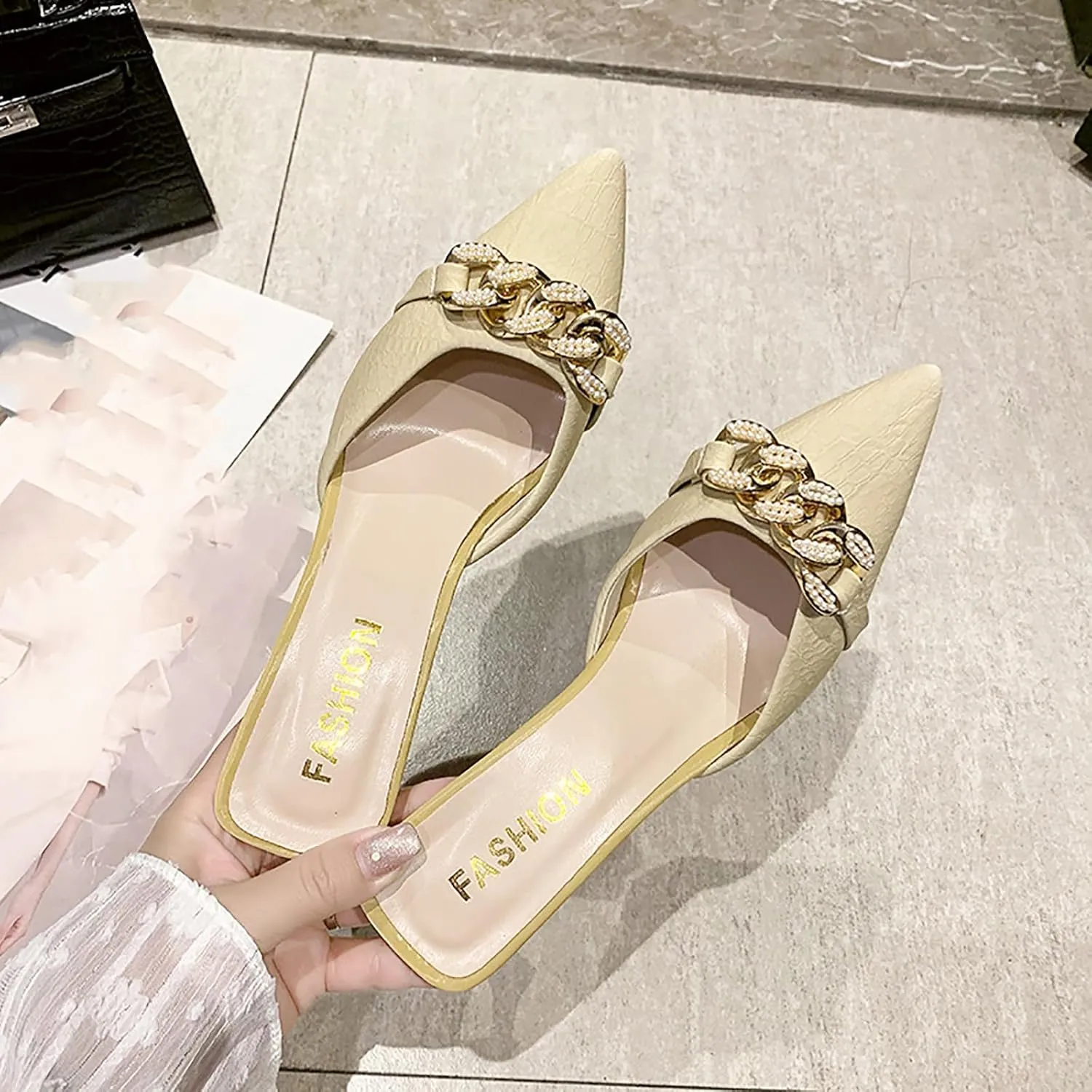 Women's Pointed Toe Kitten Heels Mule Sandals,Slip On Metal Decoration Mules Slides Backless Dress Sandals Sexy Party Pumps