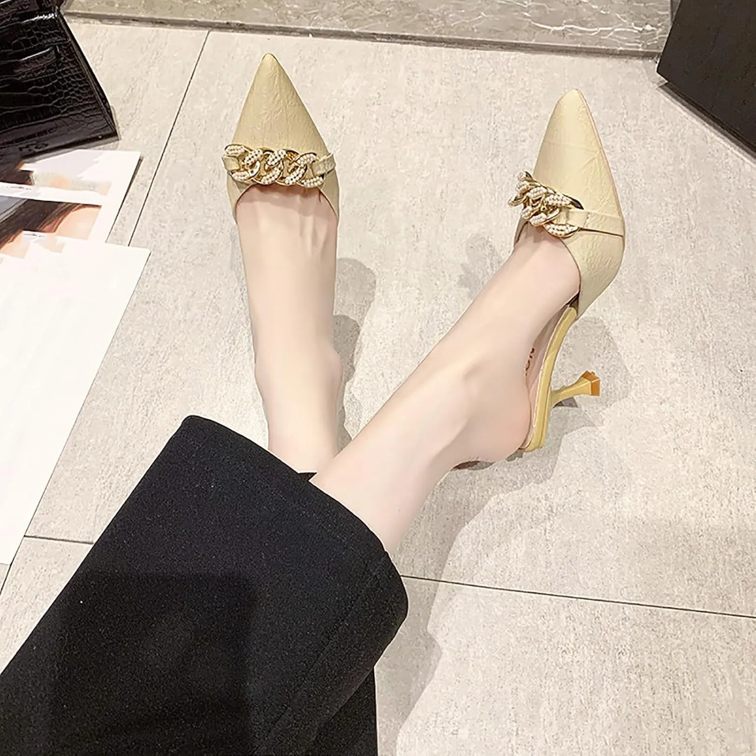Women's Pointed Toe Kitten Heels Mule Sandals,Slip On Metal Decoration Mules Slides Backless Dress Sandals Sexy Party Pumps