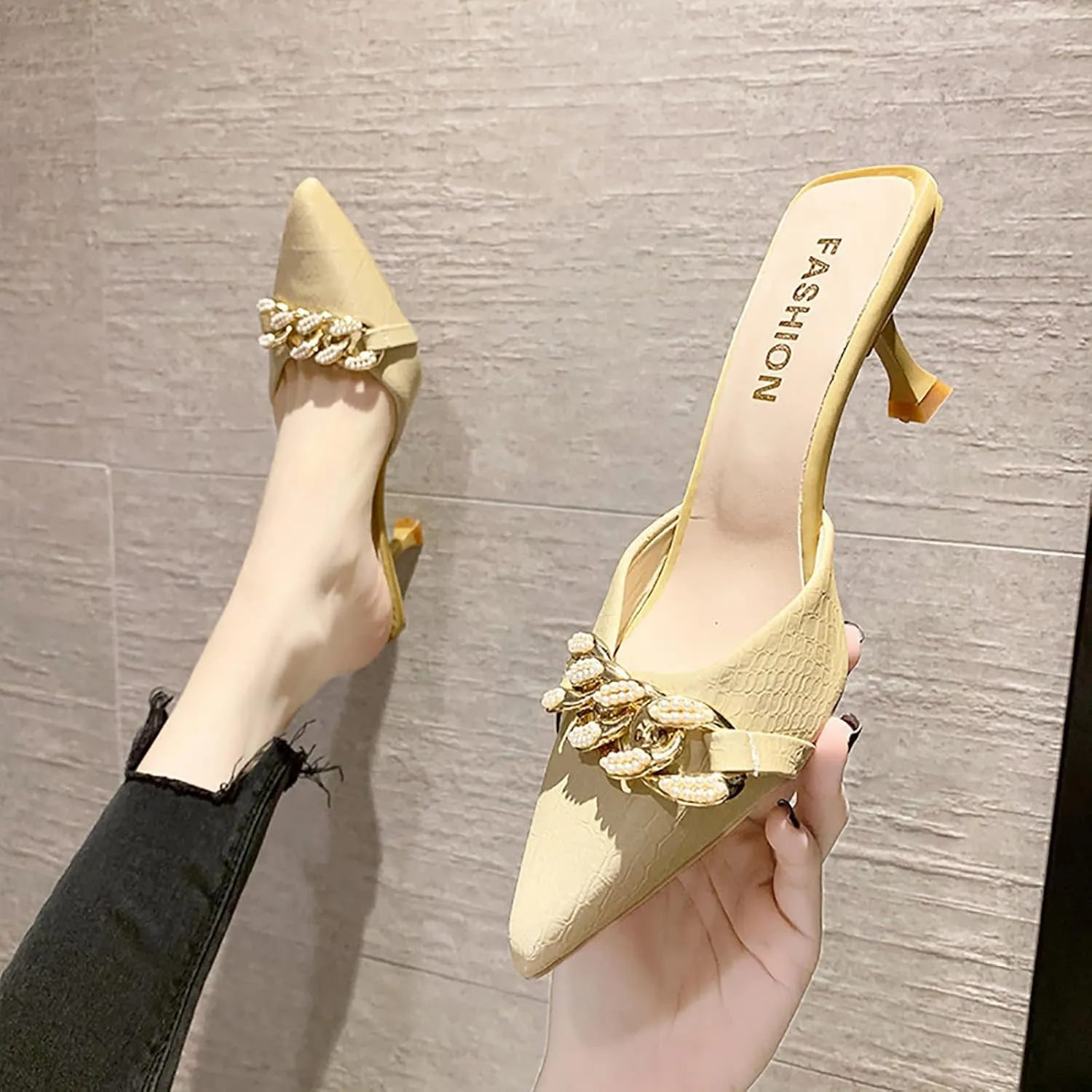 Women's Pointed Toe Kitten Heels Mule Sandals,Slip On Metal Decoration Mules Slides Backless Dress Sandals Sexy Party Pumps