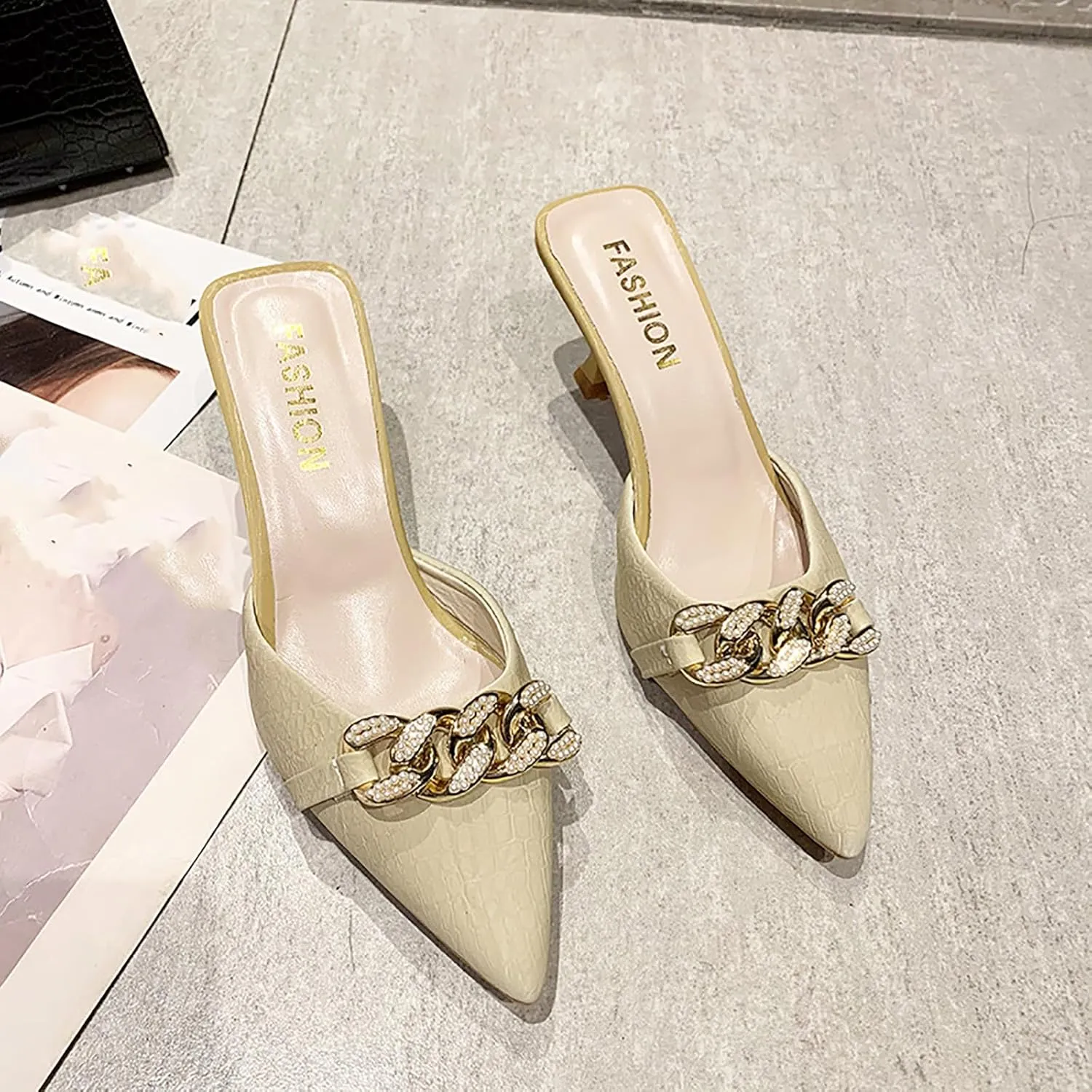Women's Pointed Toe Kitten Heels Mule Sandals,Slip On Metal Decoration Mules Slides Backless Dress Sandals Sexy Party Pumps