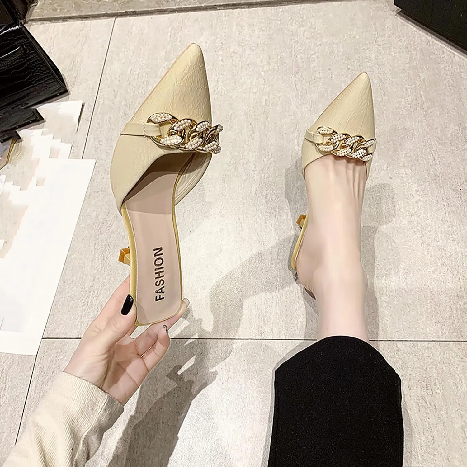 Women's Pointed Toe Kitten Heels Mule Sandals,Slip On Metal Decoration Mules Slides Backless Dress Sandals Sexy Party Pumps