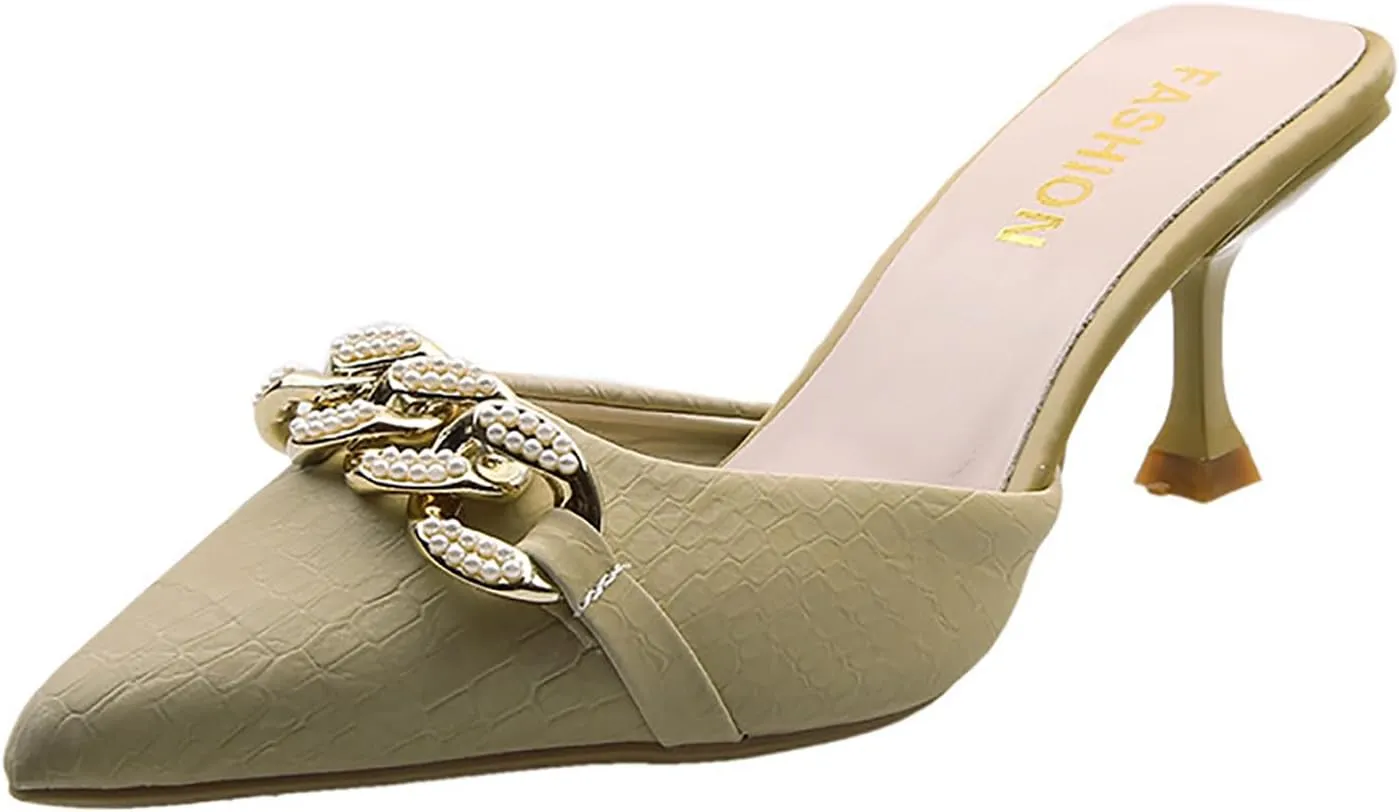Women's Pointed Toe Kitten Heels Mule Sandals,Slip On Metal Decoration Mules Slides Backless Dress Sandals Sexy Party Pumps