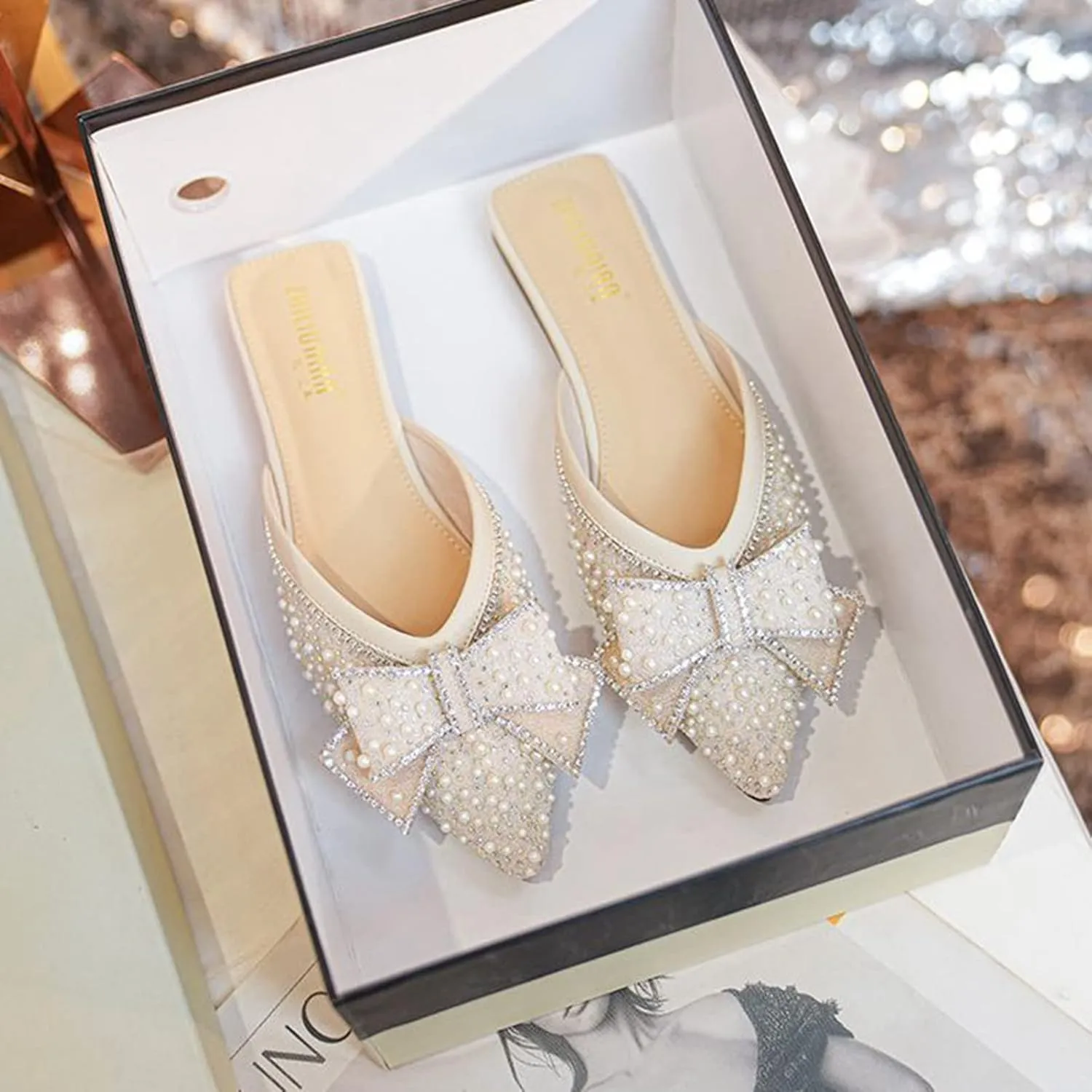 Women's Pointed Toe Mules Slip On Pearl Rhinestones Fashion Comfortable Backless Slides Dress Flats