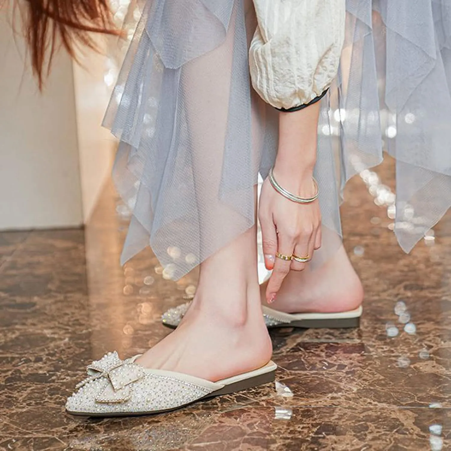 Women's Pointed Toe Mules Slip On Pearl Rhinestones Fashion Comfortable Backless Slides Dress Flats