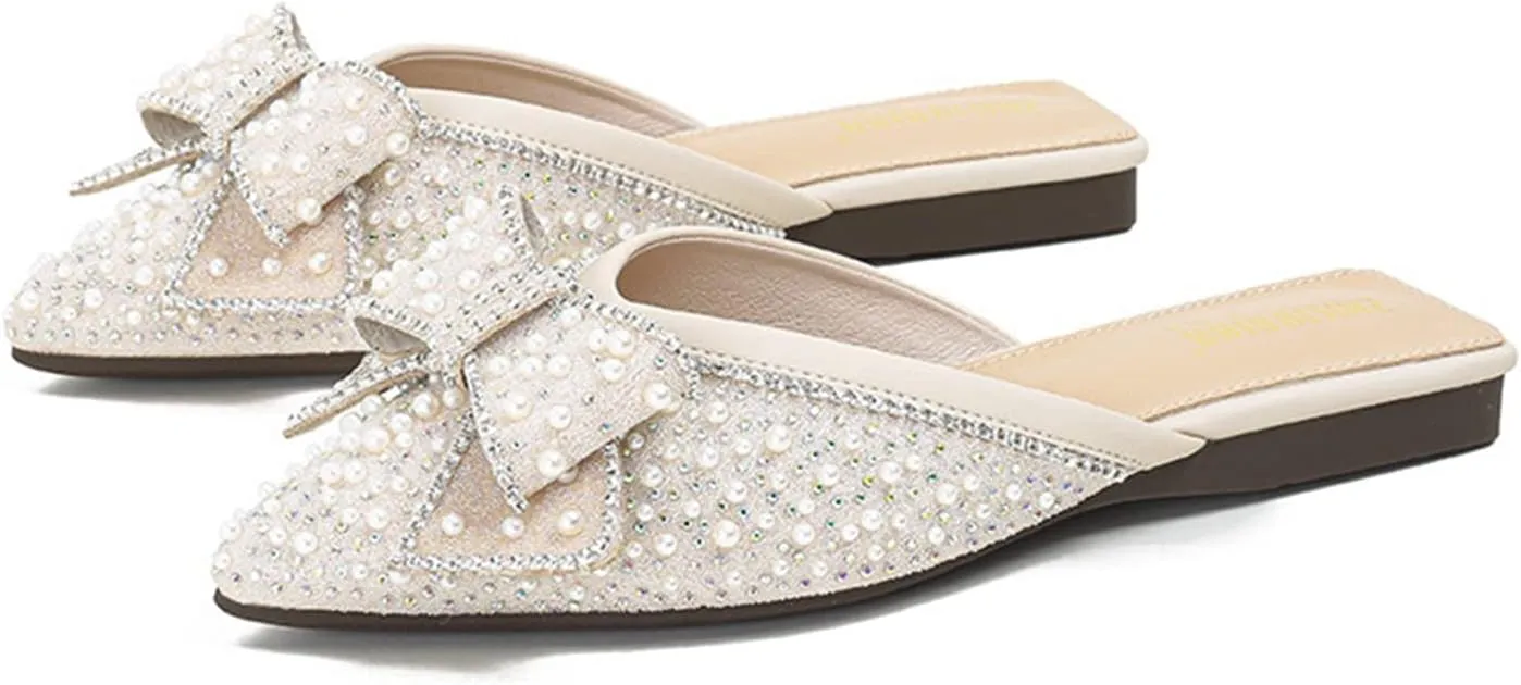 Women's Pointed Toe Mules Slip On Pearl Rhinestones Fashion Comfortable Backless Slides Dress Flats