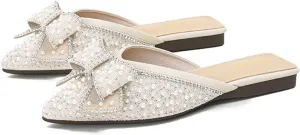 Women's Pointed Toe Mules Slip On Pearl Rhinestones Fashion Comfortable Backless Slides Dress Flats