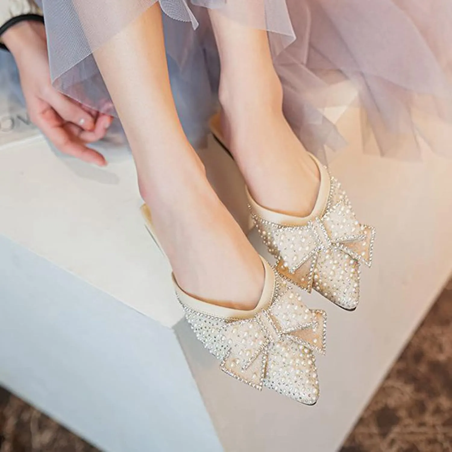 Women's Pointed Toe Mules Slip On Pearl Rhinestones Fashion Comfortable Backless Slides Dress Flats
