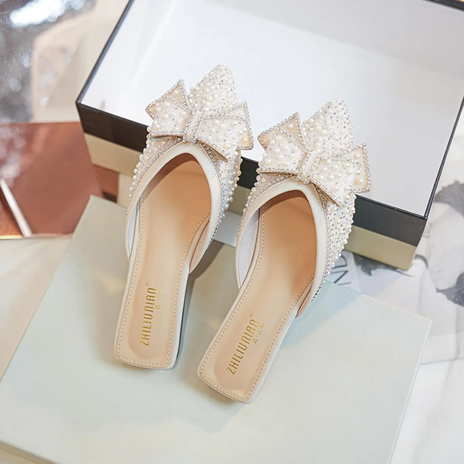 Women's Pointed Toe Mules Slip On Pearl Rhinestones Fashion Comfortable Backless Slides Dress Flats