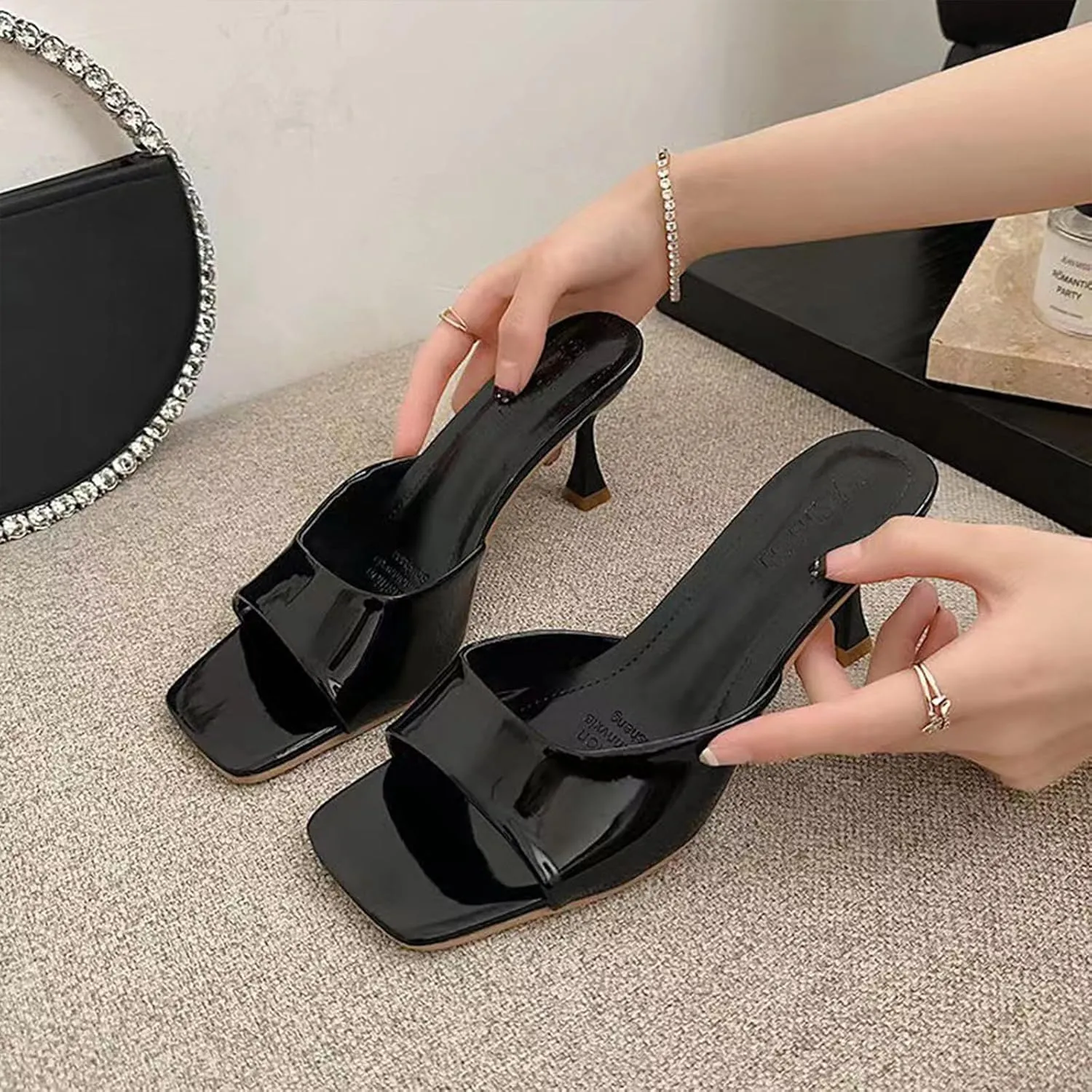 Women's Pu Kitten Heel Fish Mouth Dress Sandals Comfortable Square Open Toe One-Strap Stiletto Backless One-Step Sexy Sandals Suitable for Business Work Party