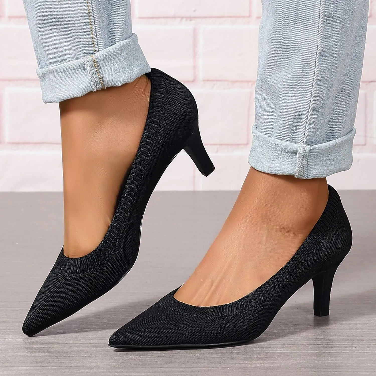 Women's Pumps Kitten Heel Pump Shoes Pointed Toe Knit Comfortable Casual Party Dressy Low Heel Dress Shoes
