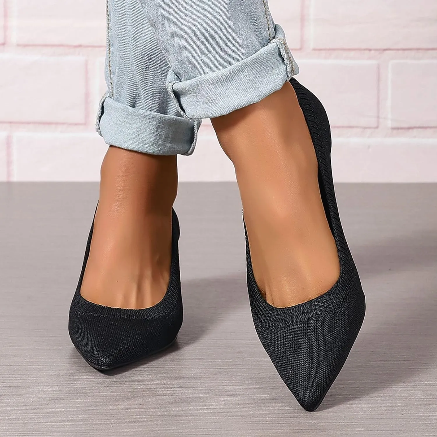 Women's Pumps Kitten Heel Pump Shoes Pointed Toe Knit Comfortable Casual Party Dressy Low Heel Dress Shoes