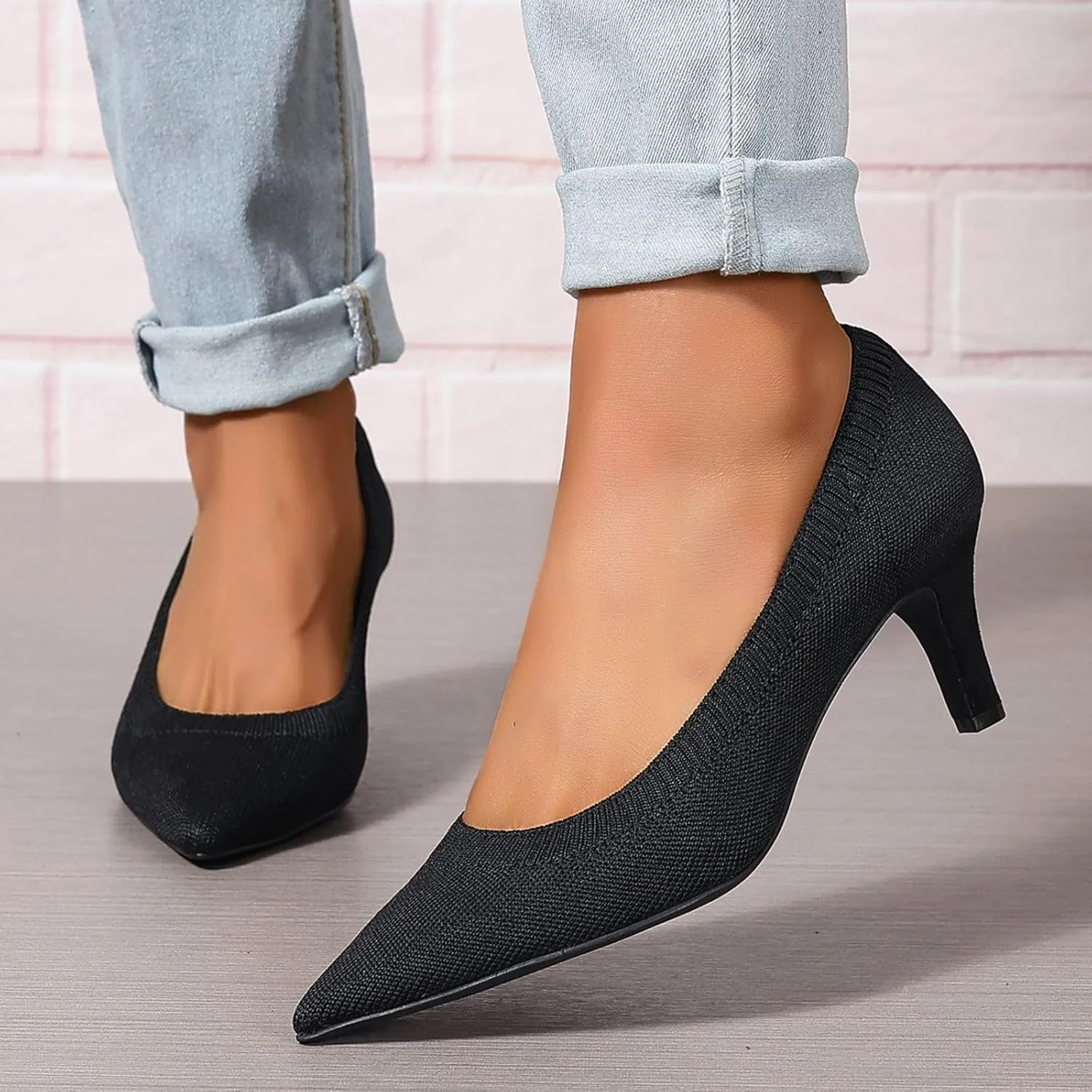 Women's Pumps Kitten Heel Pump Shoes Pointed Toe Knit Comfortable Casual Party Dressy Low Heel Dress Shoes