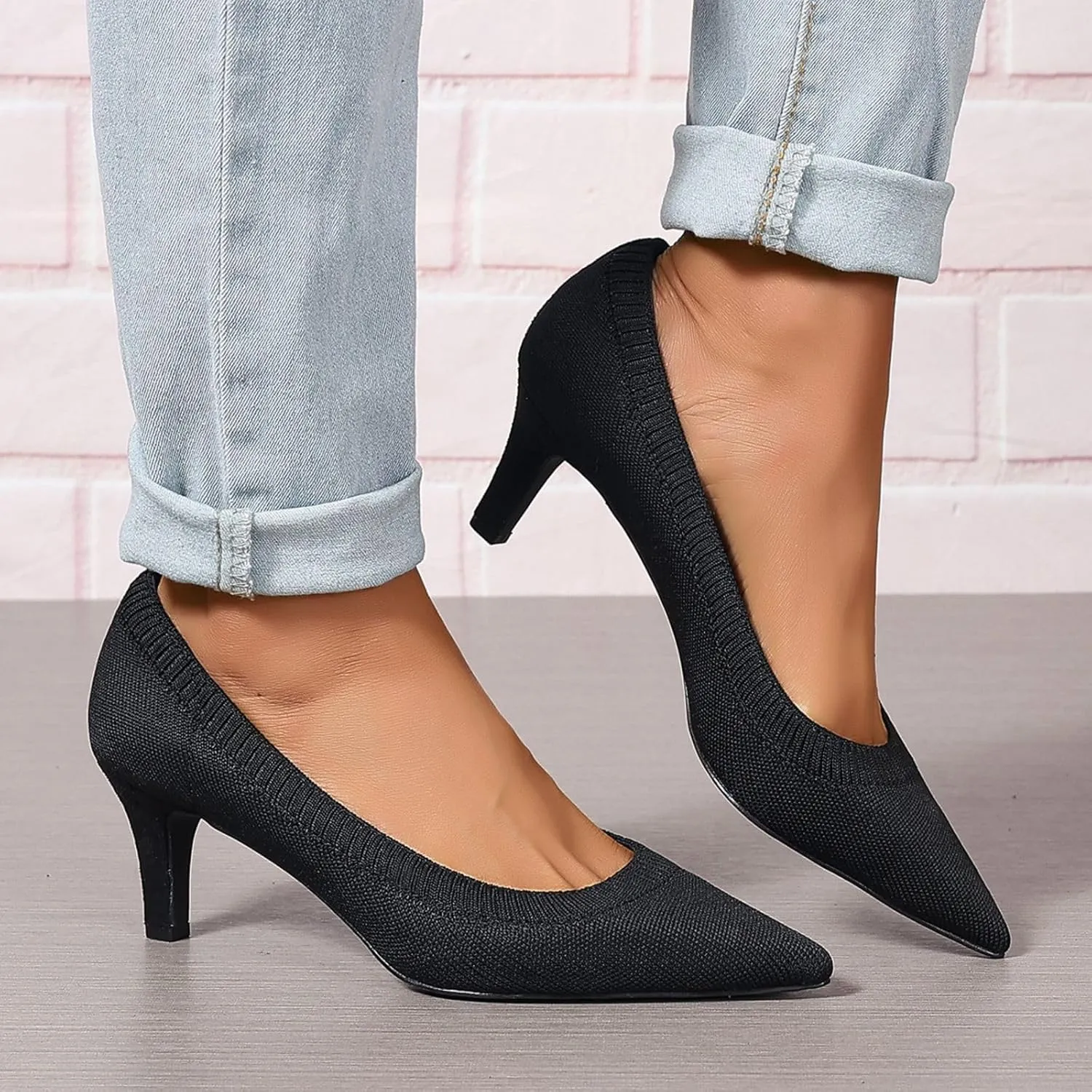 Women's Pumps Kitten Heel Pump Shoes Pointed Toe Knit Comfortable Casual Party Dressy Low Heel Dress Shoes