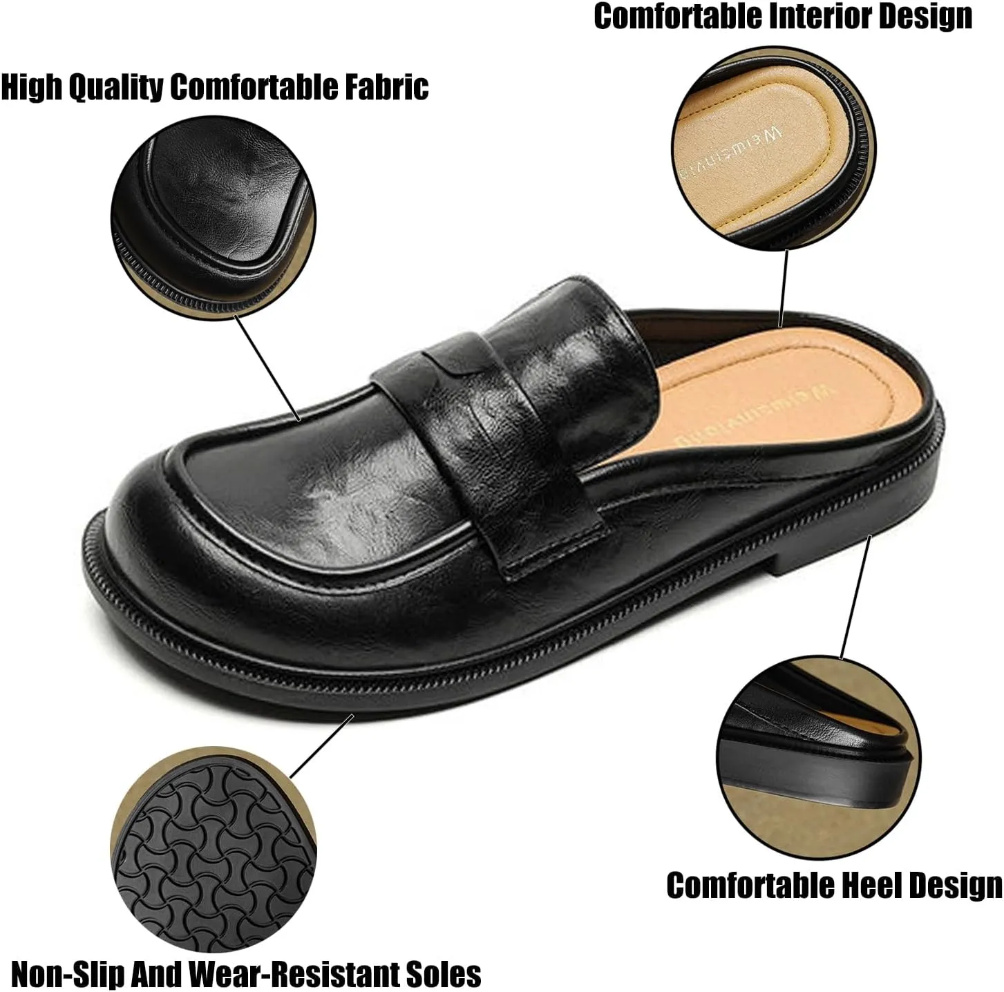 Women's Retro Leather Closed Toe Mules,Slip On Comfort Flat Loafers Fashion Casual Non-Slip Backless Slippers