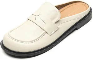 Women's Retro Leather Closed Toe Mules,Slip On Comfort Flat Loafers Fashion Casual Non-Slip Backless Slippers