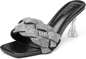 Women's Rhinestone Braided Heels Sandals Open Square Toe Stilettos Heels Clear Lucite Heeled Mules Slip On Sexy Dress Wedding High Heel Slippers