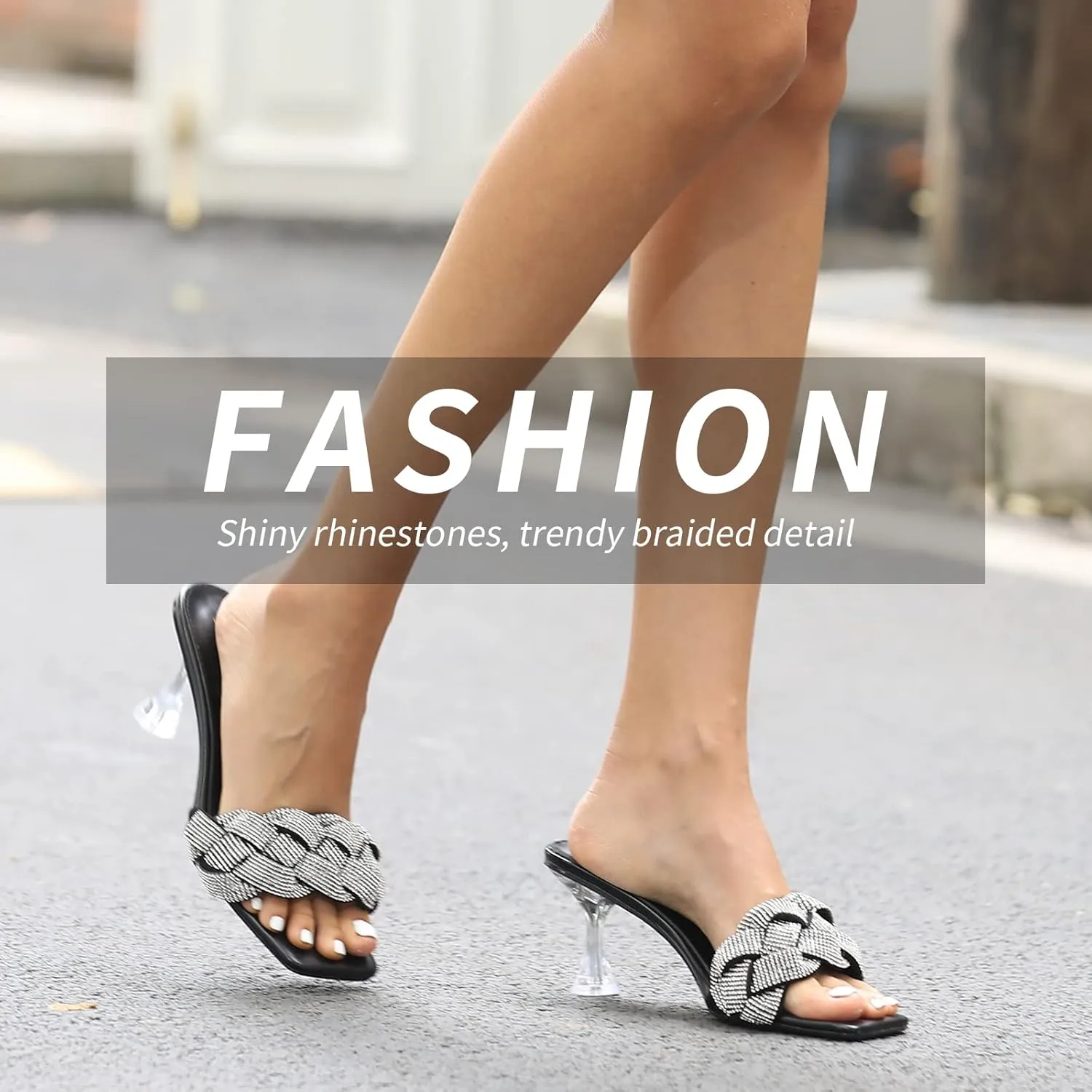 Women's Rhinestone Braided Heels Sandals Open Square Toe Stilettos Heels Clear Lucite Heeled Mules Slip On Sexy Dress Wedding High Heel Slippers