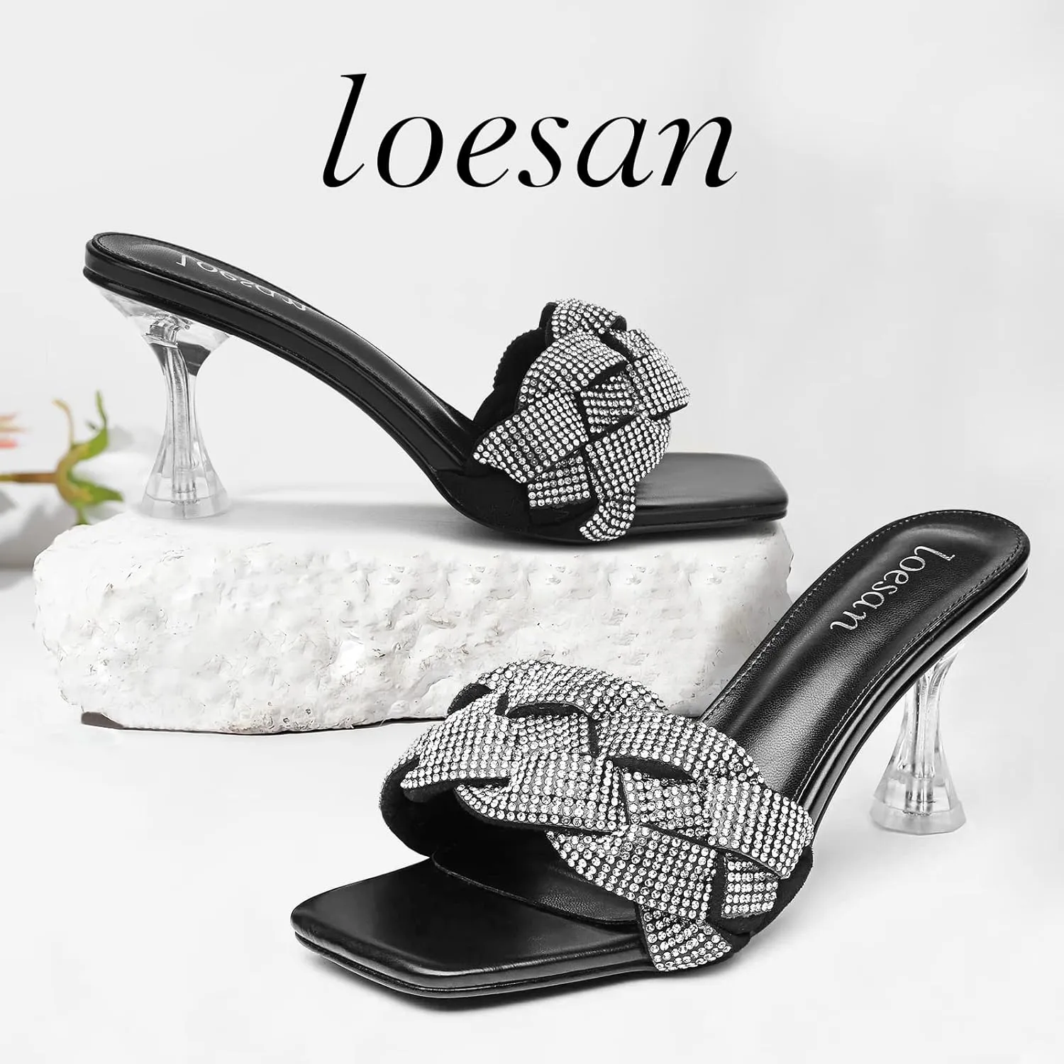 Women's Rhinestone Braided Heels Sandals Open Square Toe Stilettos Heels Clear Lucite Heeled Mules Slip On Sexy Dress Wedding High Heel Slippers