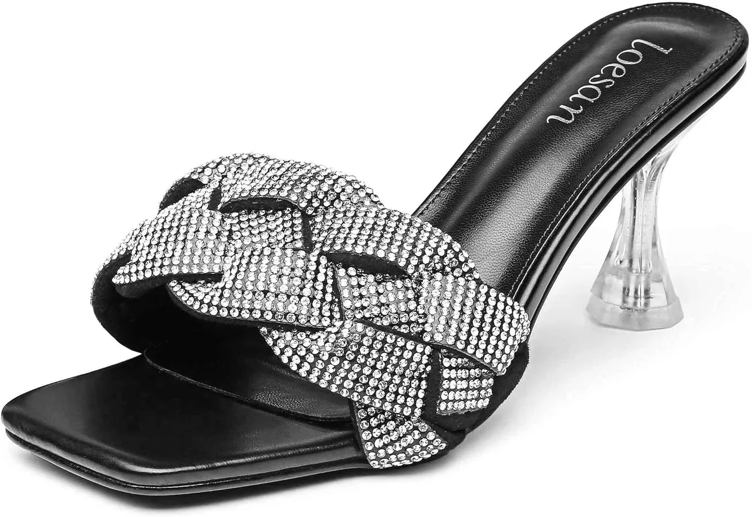 Women's Rhinestone Braided Heels Sandals Open Square Toe Stilettos Heels Clear Lucite Heeled Mules Slip On Sexy Dress Wedding High Heel Slippers