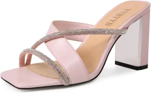 Women's Rhinestone Chunky Heels Square Open Toe Slip On Mules Summer Wedding Party Dress Shoes